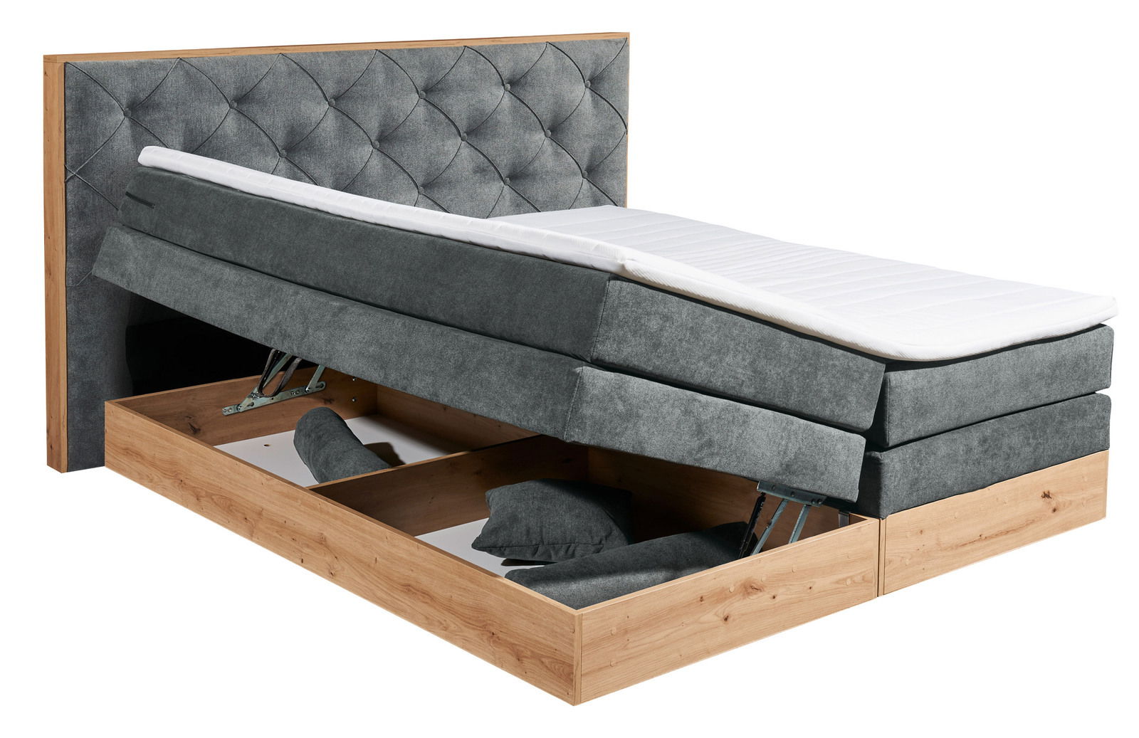Boxspringbett mit grauem Stoffbezug und Stauraum, seitliche Perspektive