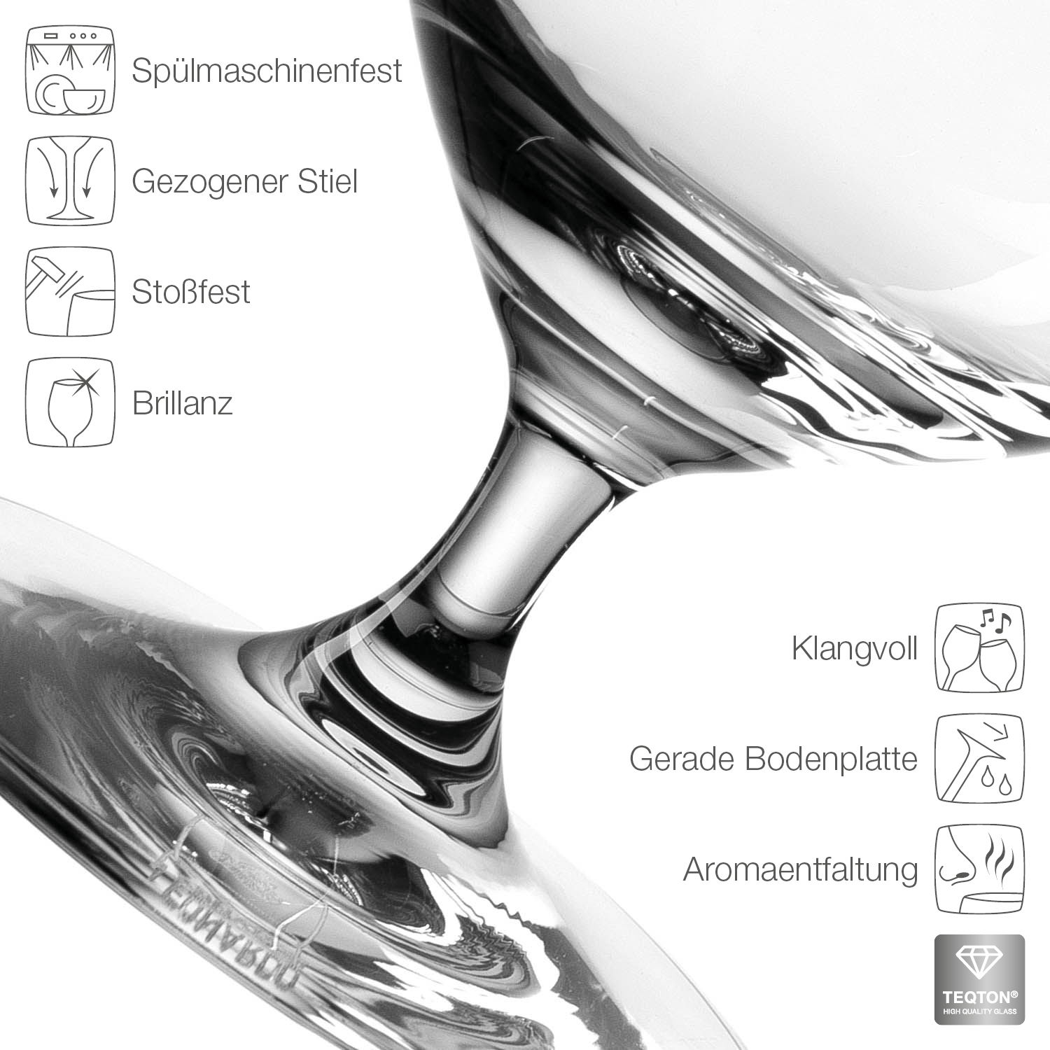 Nahaufnahme eines Bierglases Ciao+ 390ml mit gezogenem Stiel, das spülmaschinenfest, stoßfest und brillant ist. Perspektive von unten auf den Stiel und die Bodenplatte.