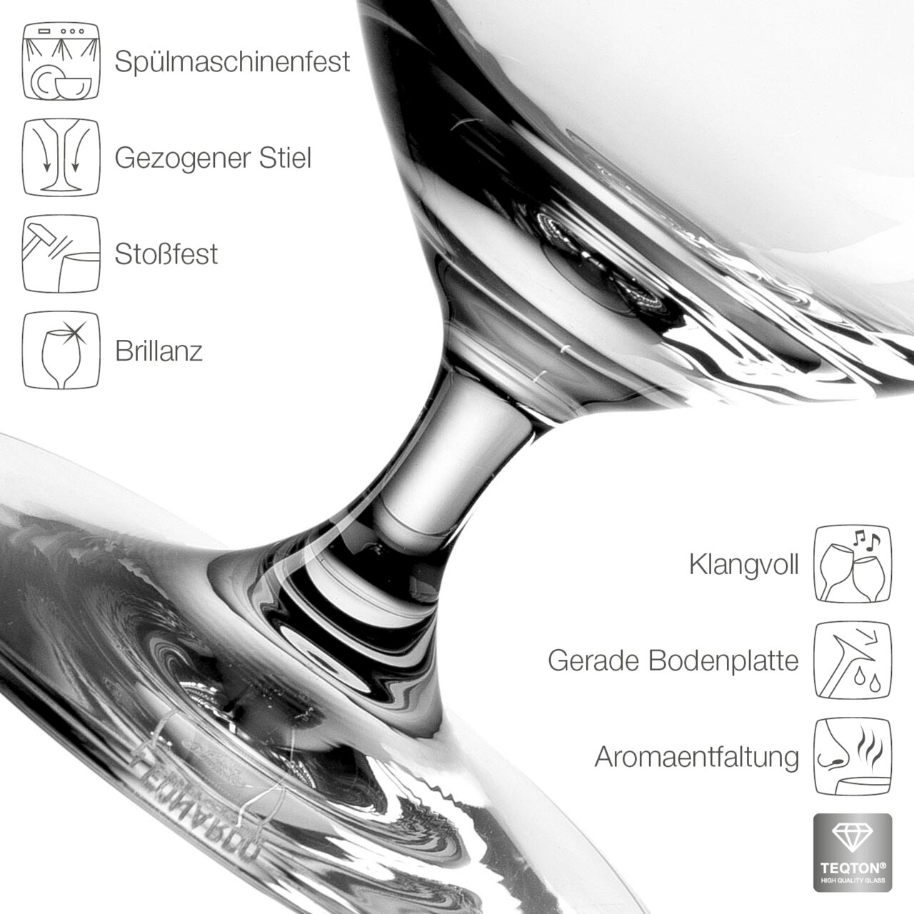 Nahaufnahme eines Bierglases Ciao+ 390ml mit gezogenem Stiel, das spülmaschinenfest, stoßfest und brillant ist. Perspektive von unten auf den Stiel und die Bodenplatte.