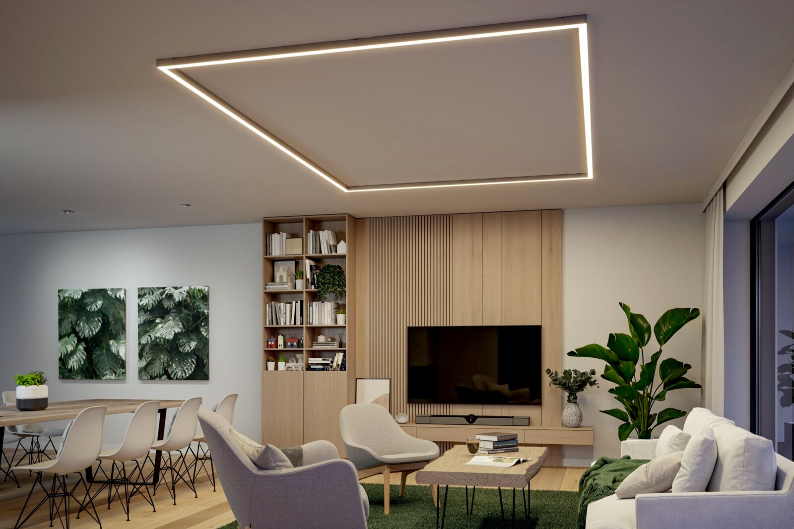 Moderne LED-Deckenleuchte als rechteckiger Lichtrahmen in warmweiß, in einem stilvollen Wohn- und Essbereich montiert, Ansicht schräg von unten nach oben