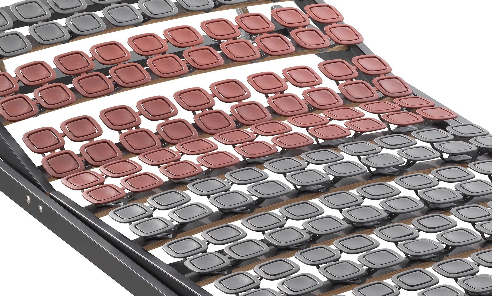 Nahaufnahme eines Federholzrahmens mit roten und grauen Federleisten, seitliche Perspektive