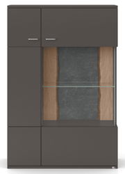 Frontansicht eines modernen Highboards mit dunkler Oberfläche, Glaseinsatz und Holzdetails.