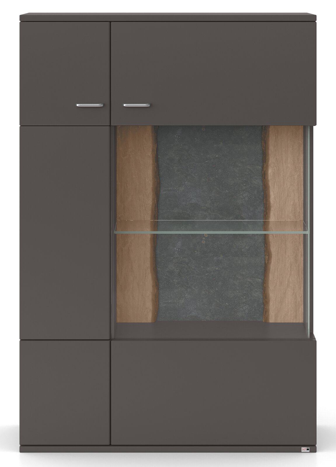 Frontansicht eines modernen Highboards mit dunkler Oberfläche, Glaseinsatz und Holzdetails.