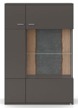 Frontansicht eines modernen Highboards mit dunkler Oberfläche, Glaseinsatz und Holzdetails.
