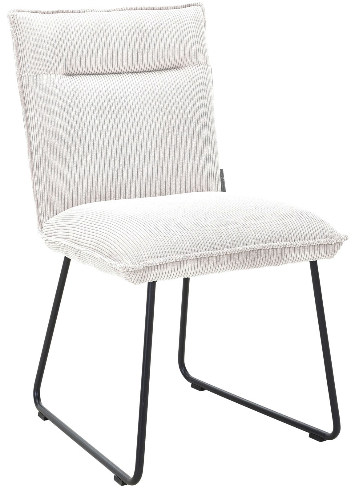 Moderner Stuhl mit hellgrauem, geripptem Stoffbezug und schwarzem Metallgestell, seitliche Perspektive