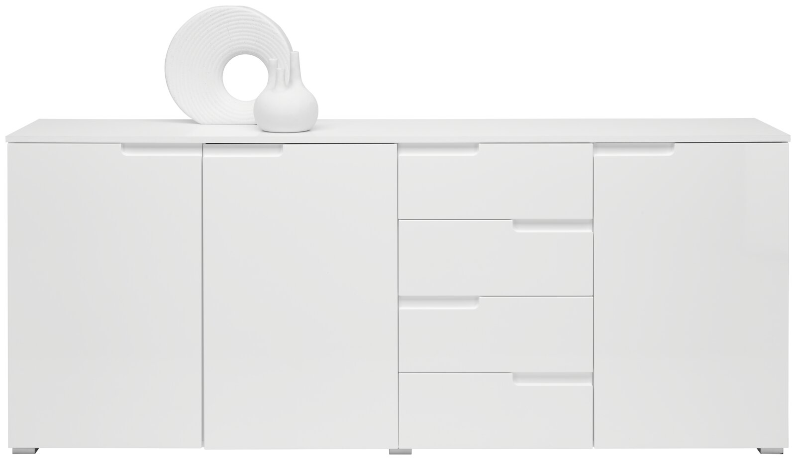 Frontansicht eines weißen XL-Sideboards mit mehreren Schubladen und Türen, dekoriert mit einer weißen Vase und einem dekorativen Objekt.