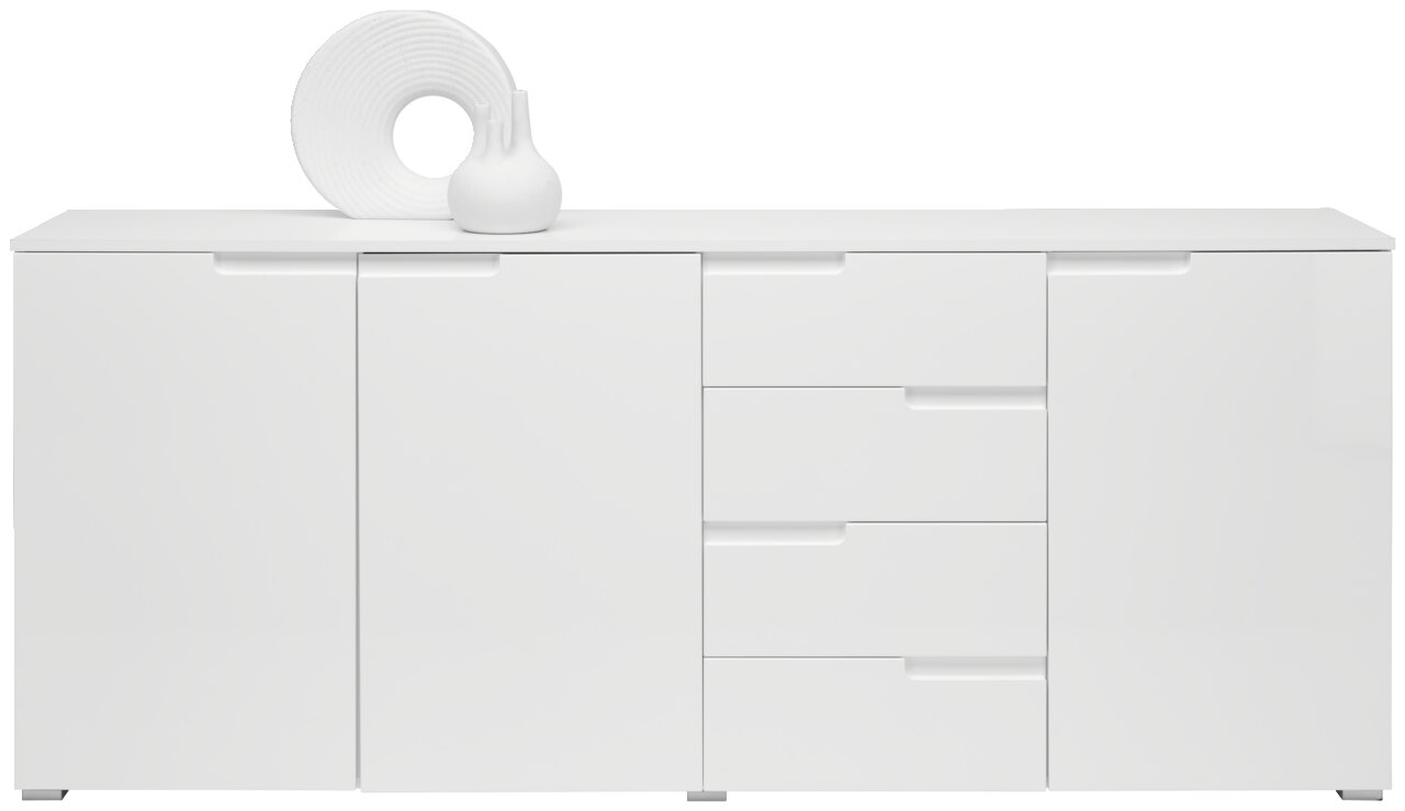 Frontansicht eines weißen XL-Sideboards mit mehreren Schubladen und Türen, dekoriert mit einer weißen Vase und einem dekorativen Objekt.