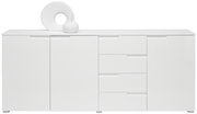 Frontansicht eines weißen XL-Sideboards mit mehreren Schubladen und Türen, dekoriert mit einer weißen Vase und einem dekorativen Objekt.