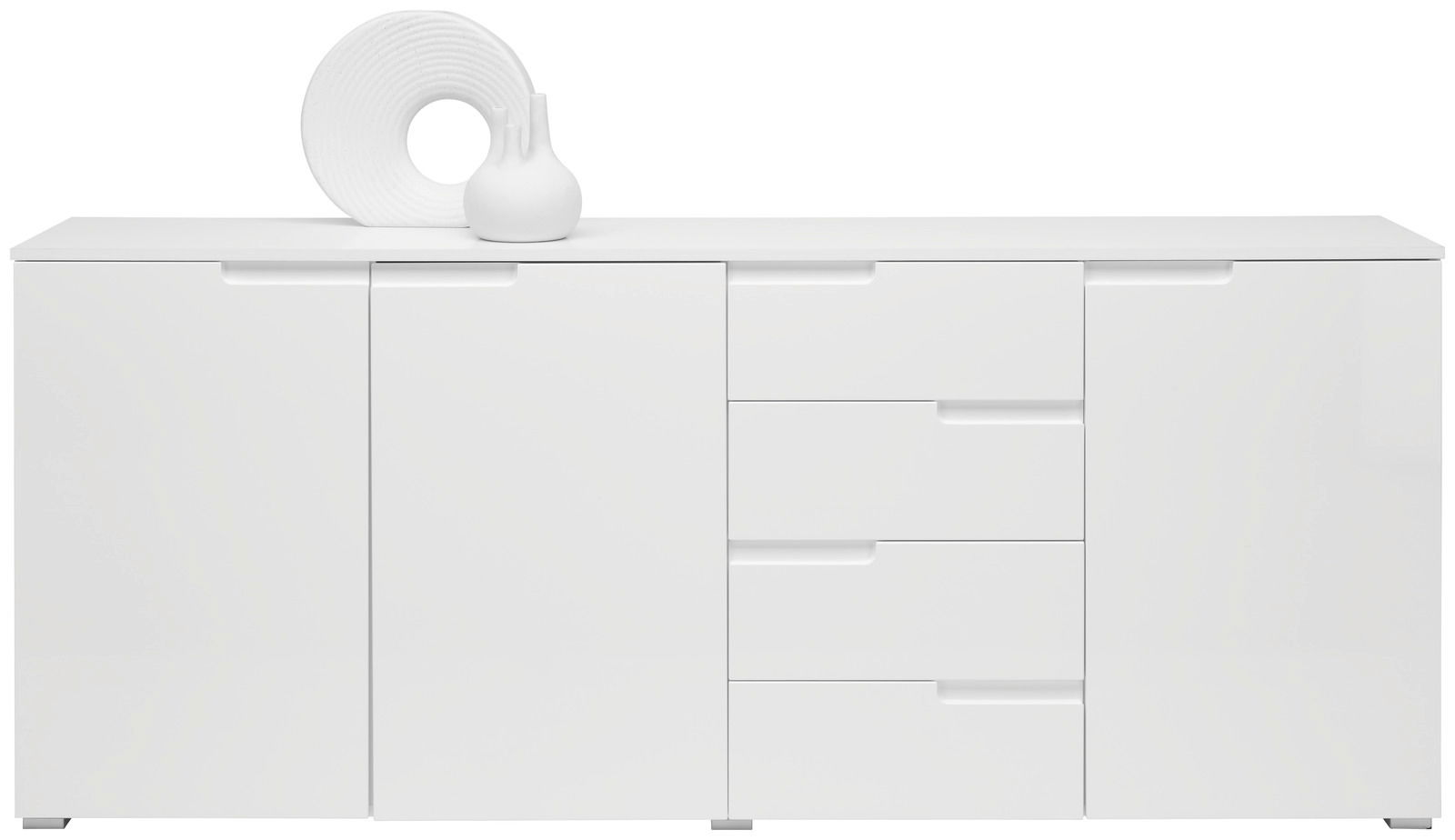 Frontansicht eines weißen XL-Sideboards mit mehreren Schubladen und Türen, dekoriert mit einer weißen Vase und einem dekorativen Objekt.