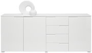 Frontansicht eines weißen XL-Sideboards mit mehreren Schubladen und Türen, dekoriert mit einer weißen Vase und einem dekorativen Objekt.