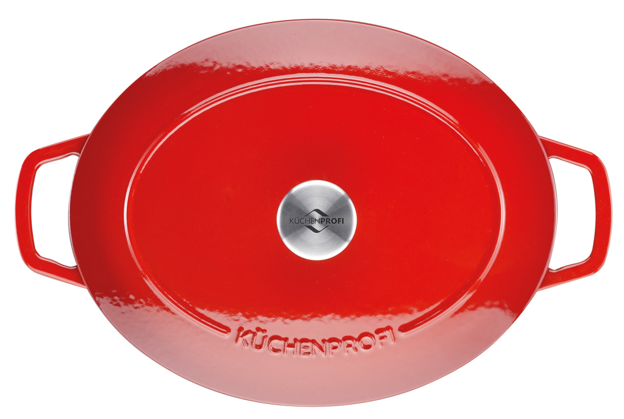 Roter ovaler Guss-Bräter mit zwei Griffen, Draufsicht