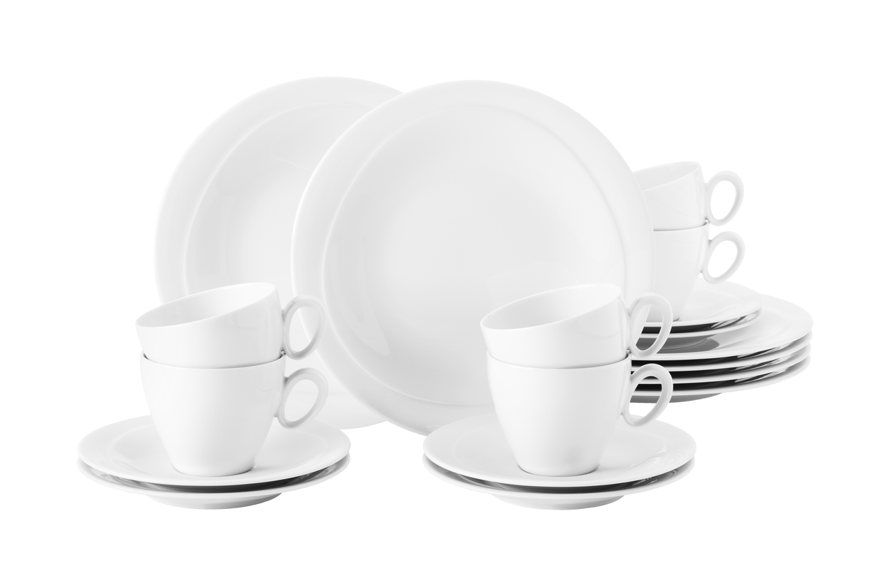 Weißes 18-teiliges Kaffeeservice bestehend aus Tassen, Untertassen und Tellern, frontal fotografiert.