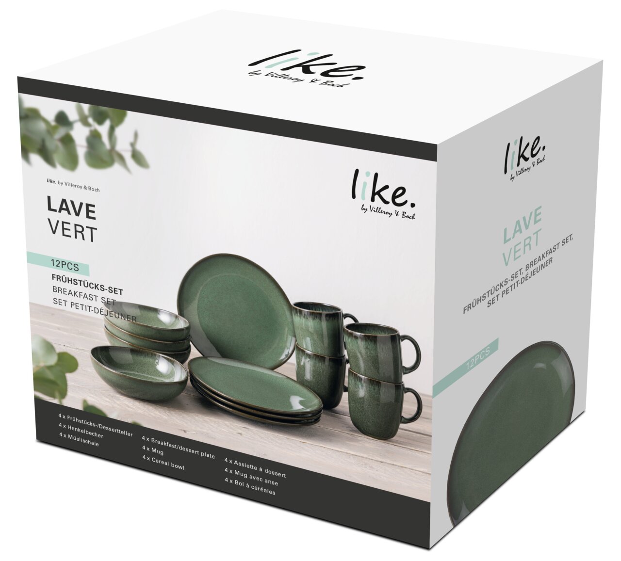 Frontalansicht eines 12-teiligen Frühstückssets 'Lave Vert' von Villeroy & Boch, bestehend aus grünen Tellern, Tassen und Schalen.