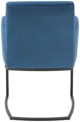 Rückansicht eines blauen Freischwinger-Sessels mit schwarzem Metallgestell.