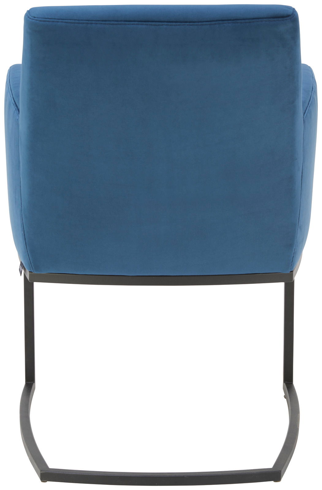 Rückansicht eines blauen Freischwinger-Sessels mit schwarzem Metallgestell.