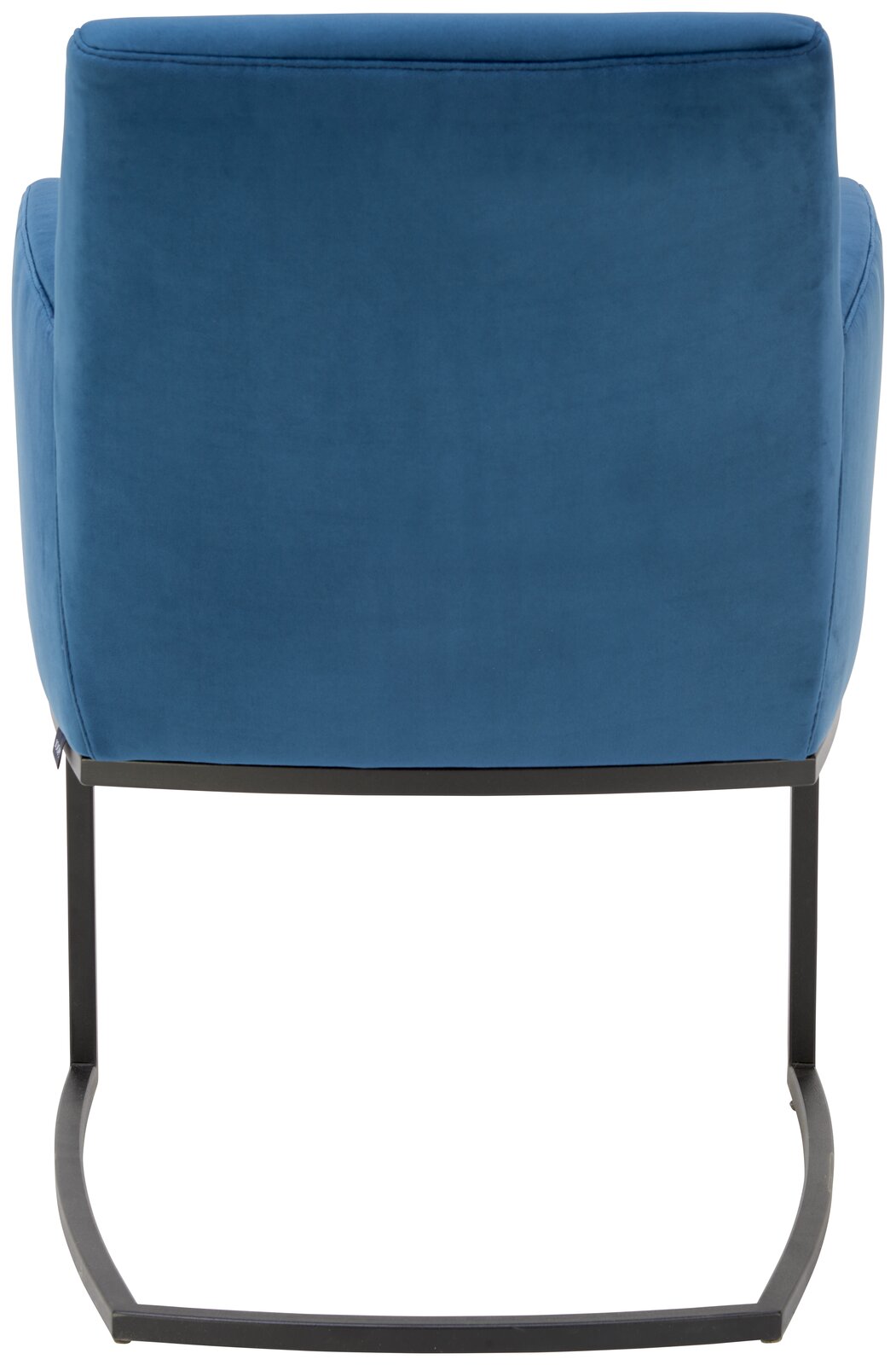 Rückansicht eines blauen Freischwinger-Sessels mit schwarzem Metallgestell.