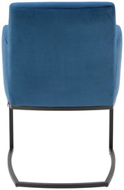 Rückansicht eines blauen Freischwinger-Sessels mit schwarzem Metallgestell.