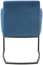 Rückansicht eines blauen Freischwinger-Sessels mit schwarzem Metallgestell.