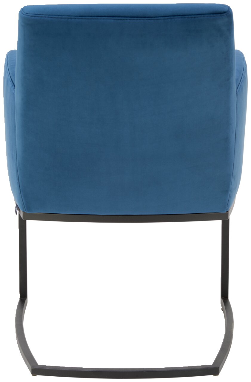 Achterkant van een blauwe zweefstoel met een zwart metalen frame.