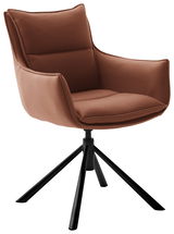 Moderner brauner Sessel mit schwarzem Metallgestell, seitliche Perspektive