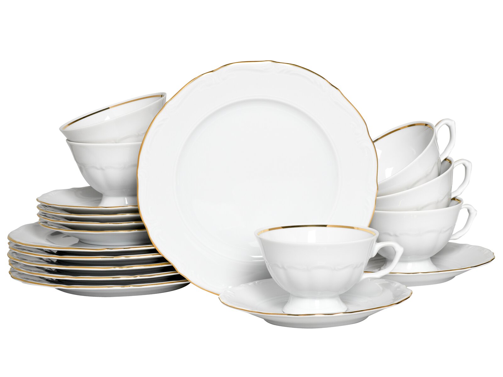 Creatable Kaffeeservice 18-tlg MARIA THERESIA Weißes Porzellan-Kaffeeservice mit goldfarbenem Rand, bestehend aus Tassen mit Untertassen sowie mehreren Tellern, in frontaler Studioansicht auf weißem Hintergrund.