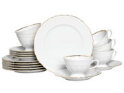 Weißes Porzellan-Kaffeeservice mit goldfarbenem Rand, bestehend aus Tassen mit Untertassen sowie mehreren Tellern, in frontaler Studioansicht auf weißem Hintergrund.