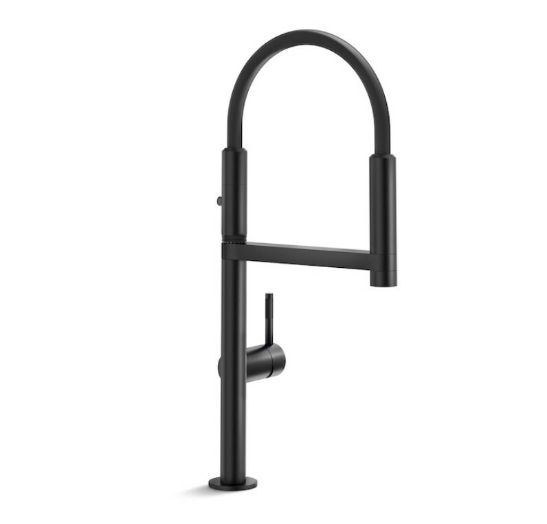 Schwarzer Einhebelmischer in seitlicher Perspektive