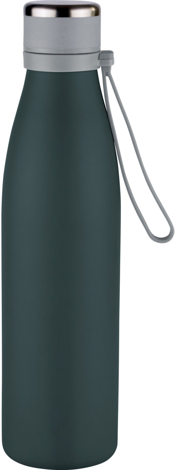 Dunkelgrüne Isolierflasche mit grauem Deckel und Trageschlaufe, seitliche Ansicht