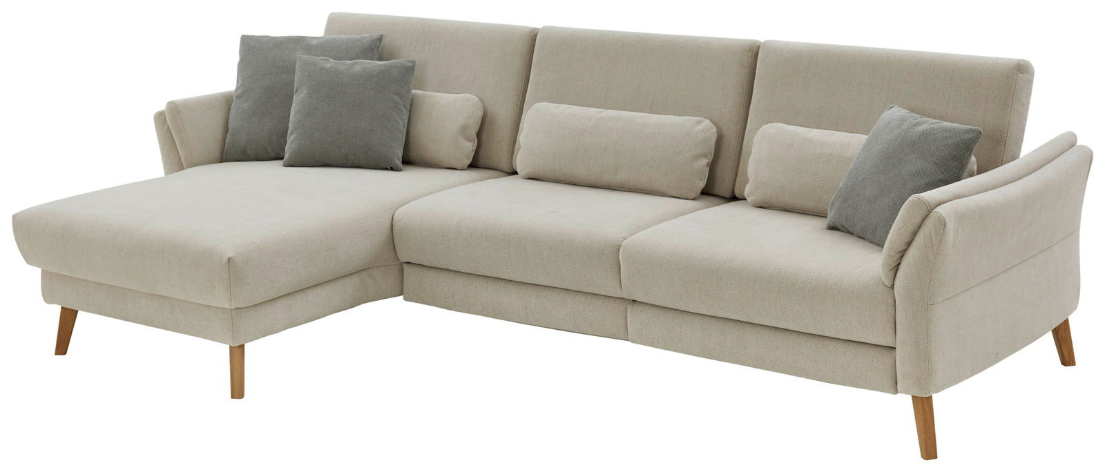 Beige Longchairkombination Valnatura LIGNUM mit Holzfüßen und grauen Kissen, seitliche Perspektive