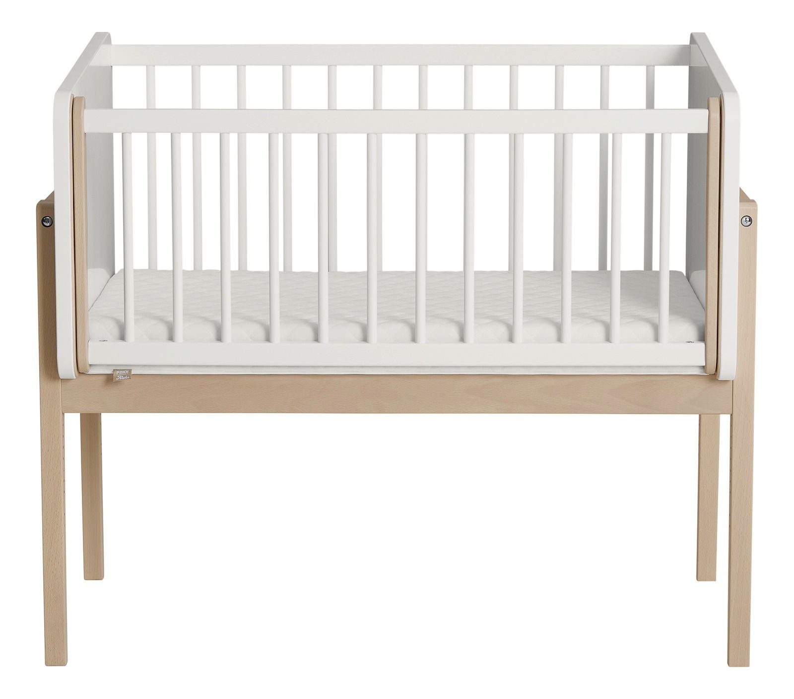 Anstellbett aus Holz mit weißem Gitter, Vorderansicht