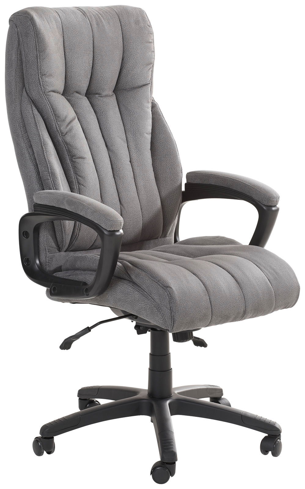 Grauer Chefsessel mit gepolsterten Armlehnen und Rollen, seitliche Perspektive