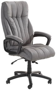 Grauer Chefsessel mit gepolsterten Armlehnen und Rollen, seitliche Perspektive