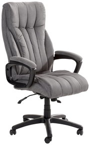 Grauer Chefsessel mit gepolsterten Armlehnen und Rollen, seitliche Perspektive