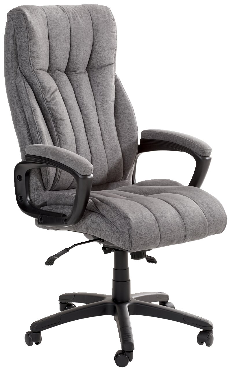 Grauer Chefsessel mit gepolsterten Armlehnen und Rollen, seitliche Perspektive