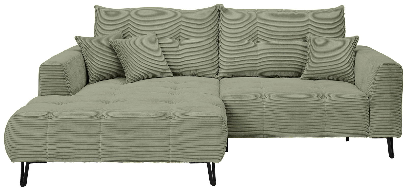 Grünes Ecksofa mit Ottomane links, Vorderansicht