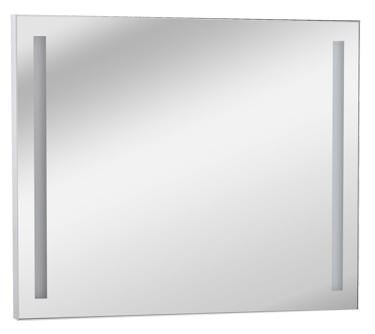 Moderner quadratischer Spiegel mit zwei vertikalen Lichtstreifen, seitliche Perspektive