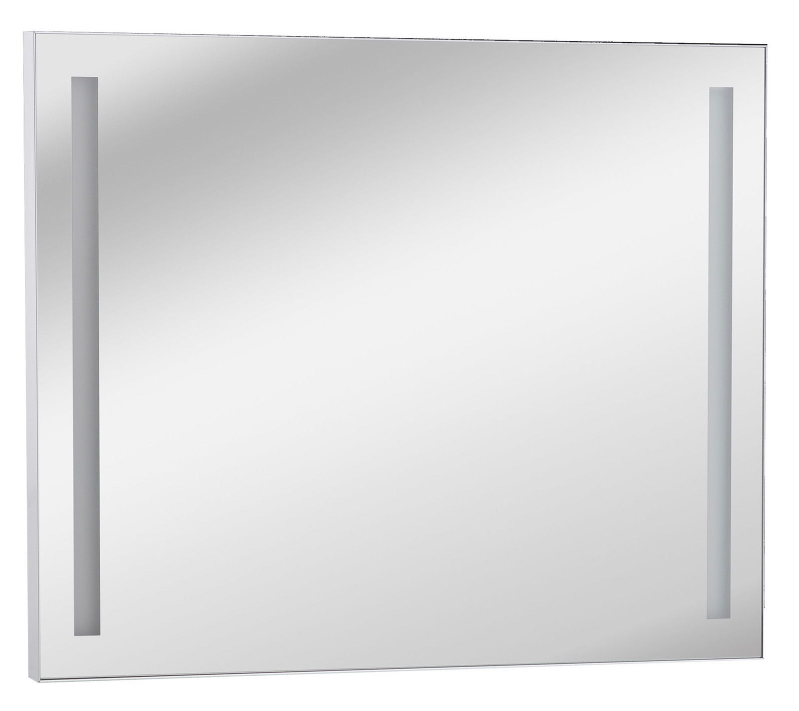 Moderner quadratischer Spiegel mit zwei vertikalen Lichtstreifen, seitliche Perspektive