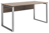 Moderner Schreibtisch mit Holzplatte und Metallgestell, seitliche Perspektive