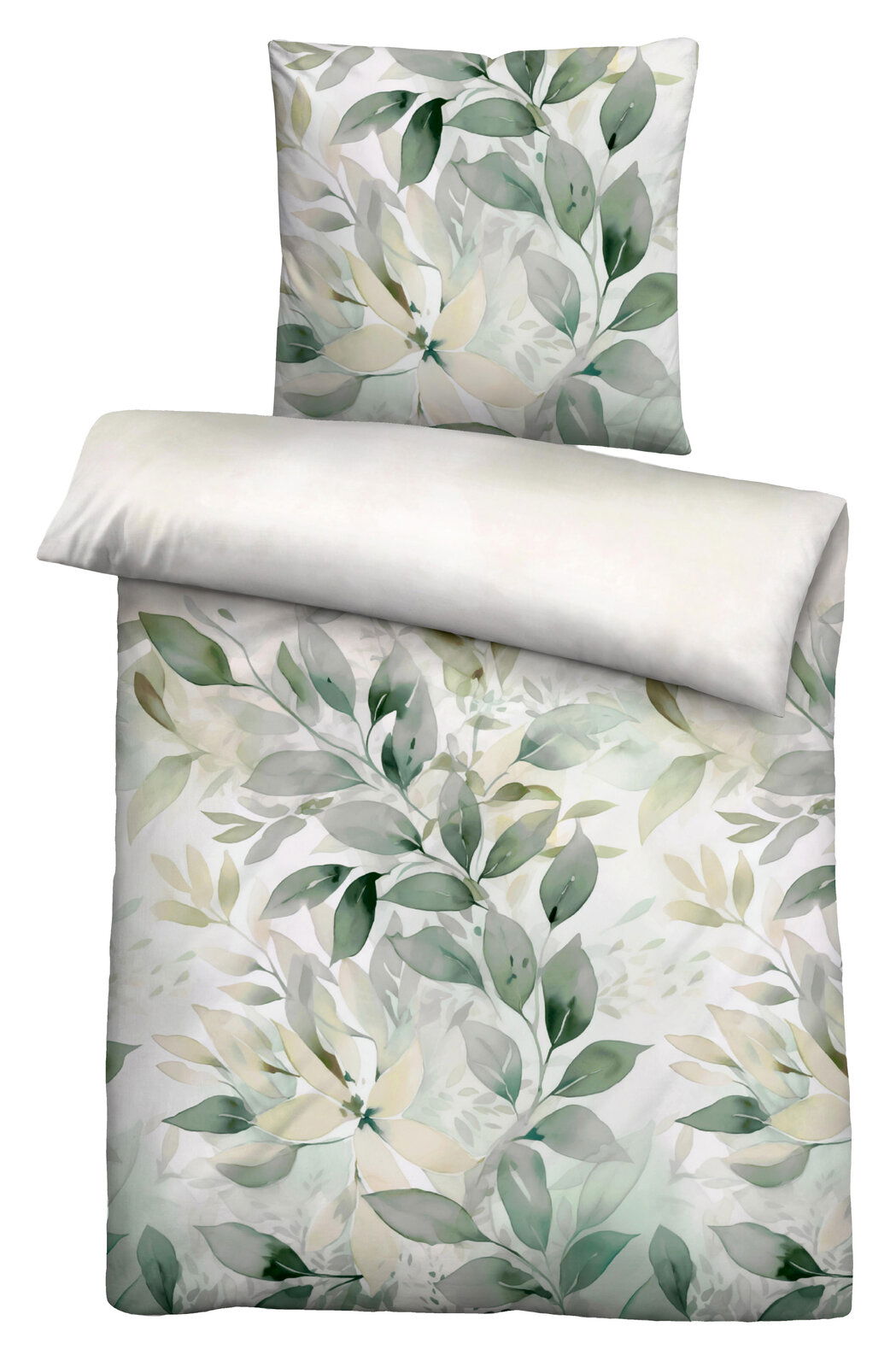 Bettwäsche-Set mit floralem Blattmuster in sanften Grüntönen, bestehend aus einem Kissenbezug und einem Bettdeckenbezug, aus der Vogelperspektive.