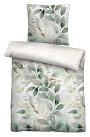 Bettwäsche-Set mit floralem Blattmuster in sanften Grüntönen, bestehend aus einem Kissenbezug und einem Bettdeckenbezug, aus der Vogelperspektive.