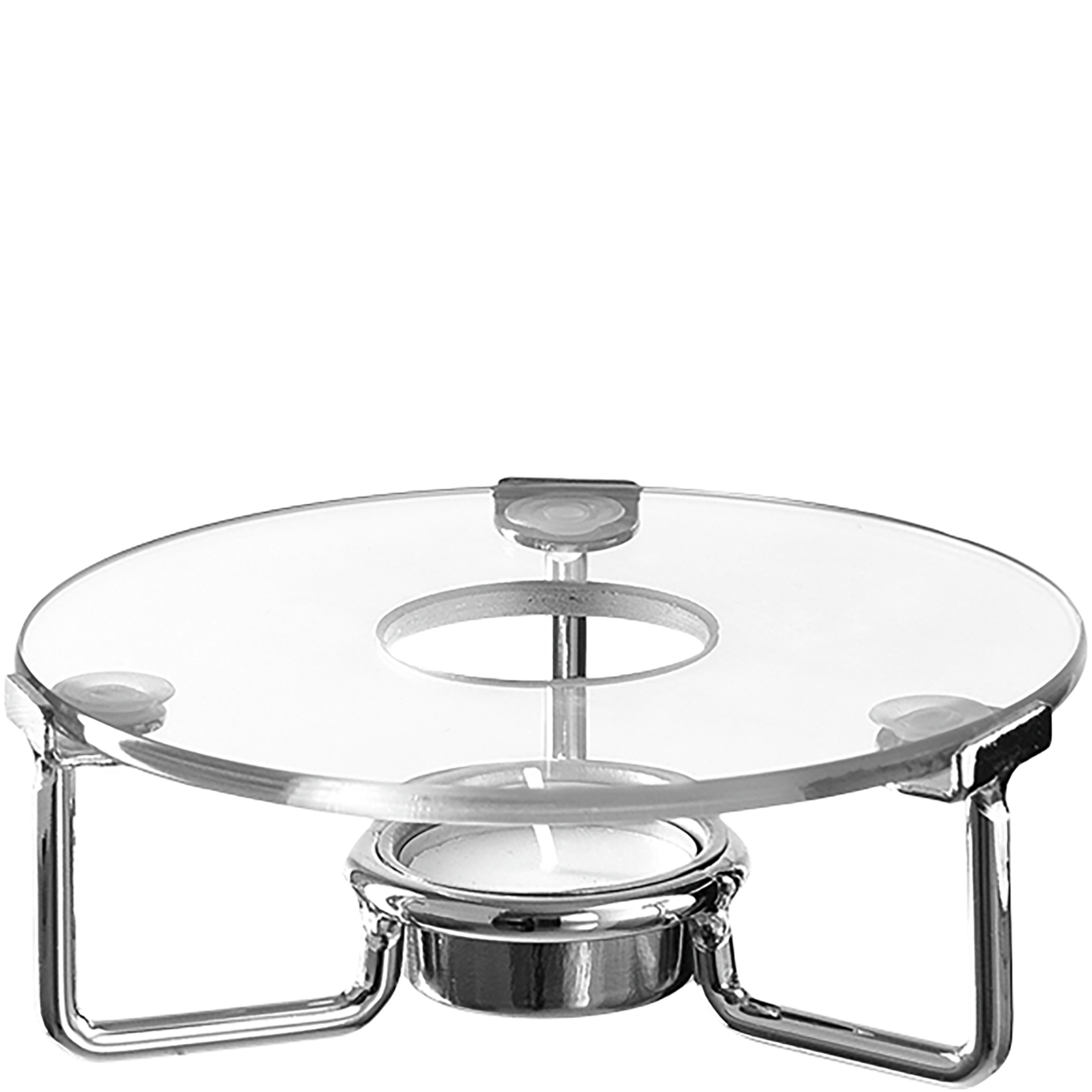 Stövchen aus Glas und Metall mit Teelichthalter, seitliche Perspektive