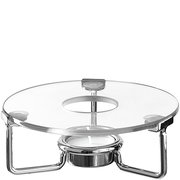 Stövchen aus Glas und Metall mit Teelichthalter, seitliche Perspektive