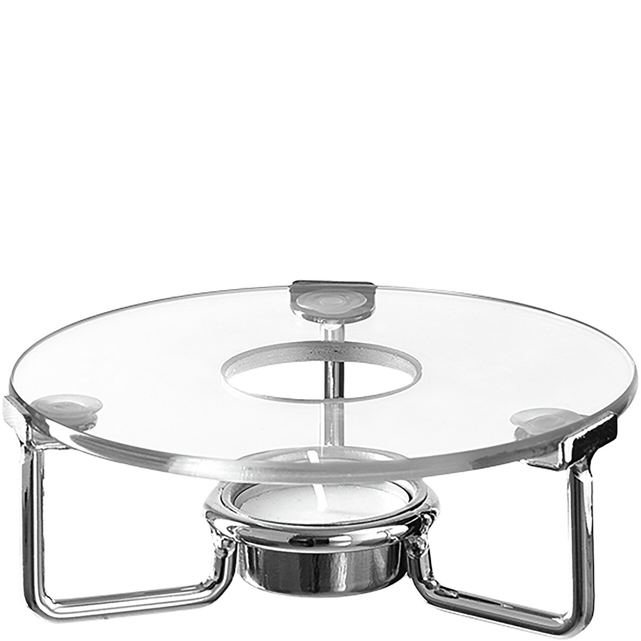 Stövchen aus Glas und Metall mit Teelichthalter, seitliche Perspektive