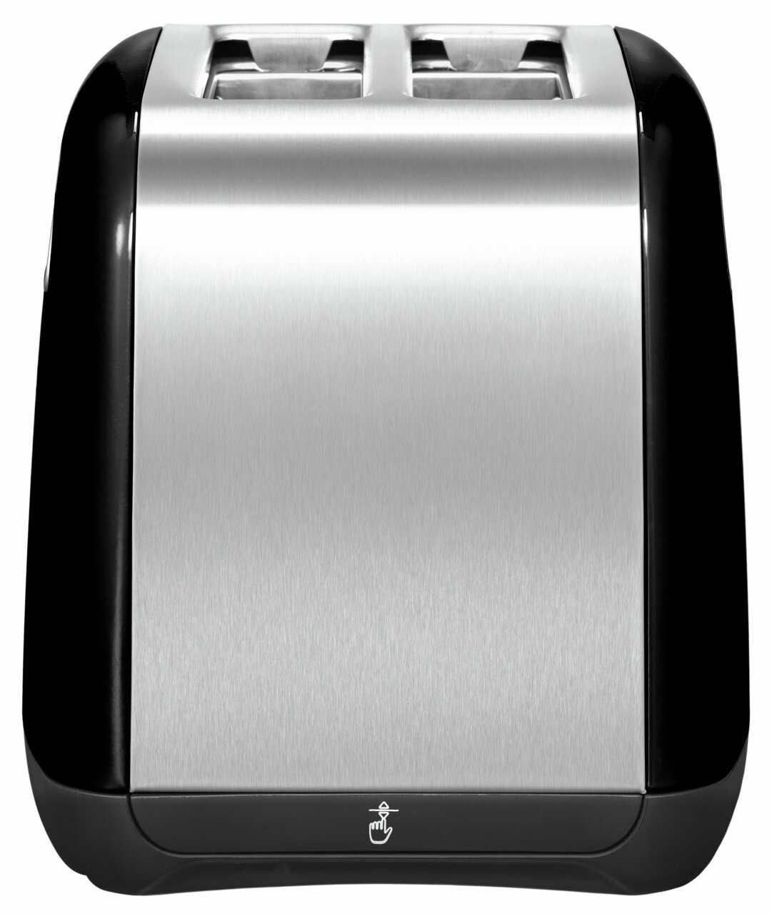 Vooraanzicht van een KitchenAid-broodrooster met twee sleuven in onyx met een roestvrijstalen afwerking.