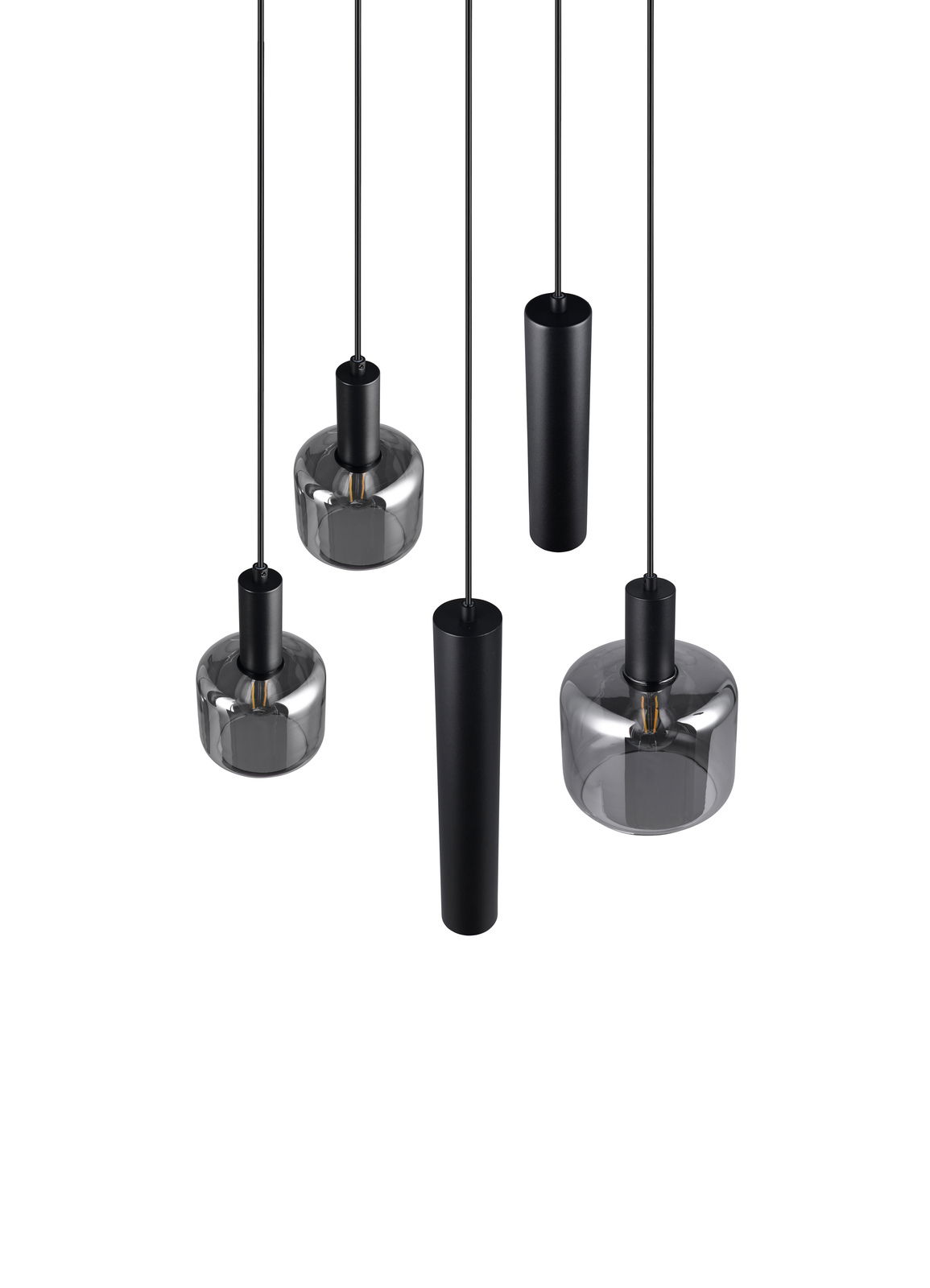 Moderne Pendelleuchte MATARO von Trio Leuchten mit vier hängenden Lampenschirmen in Schwarz und Glas, Ansicht von unten.