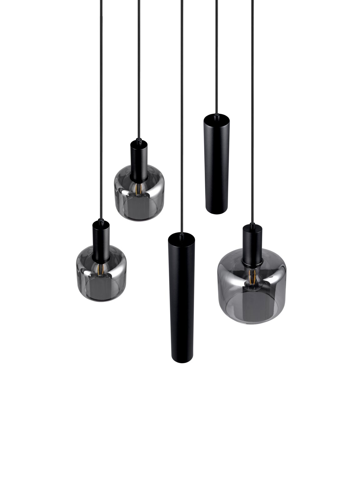 Moderne hanglamp MATARO van Trio Leuchten met vier hangende lampenkappen in zwart en glas, gezien van onderaf.