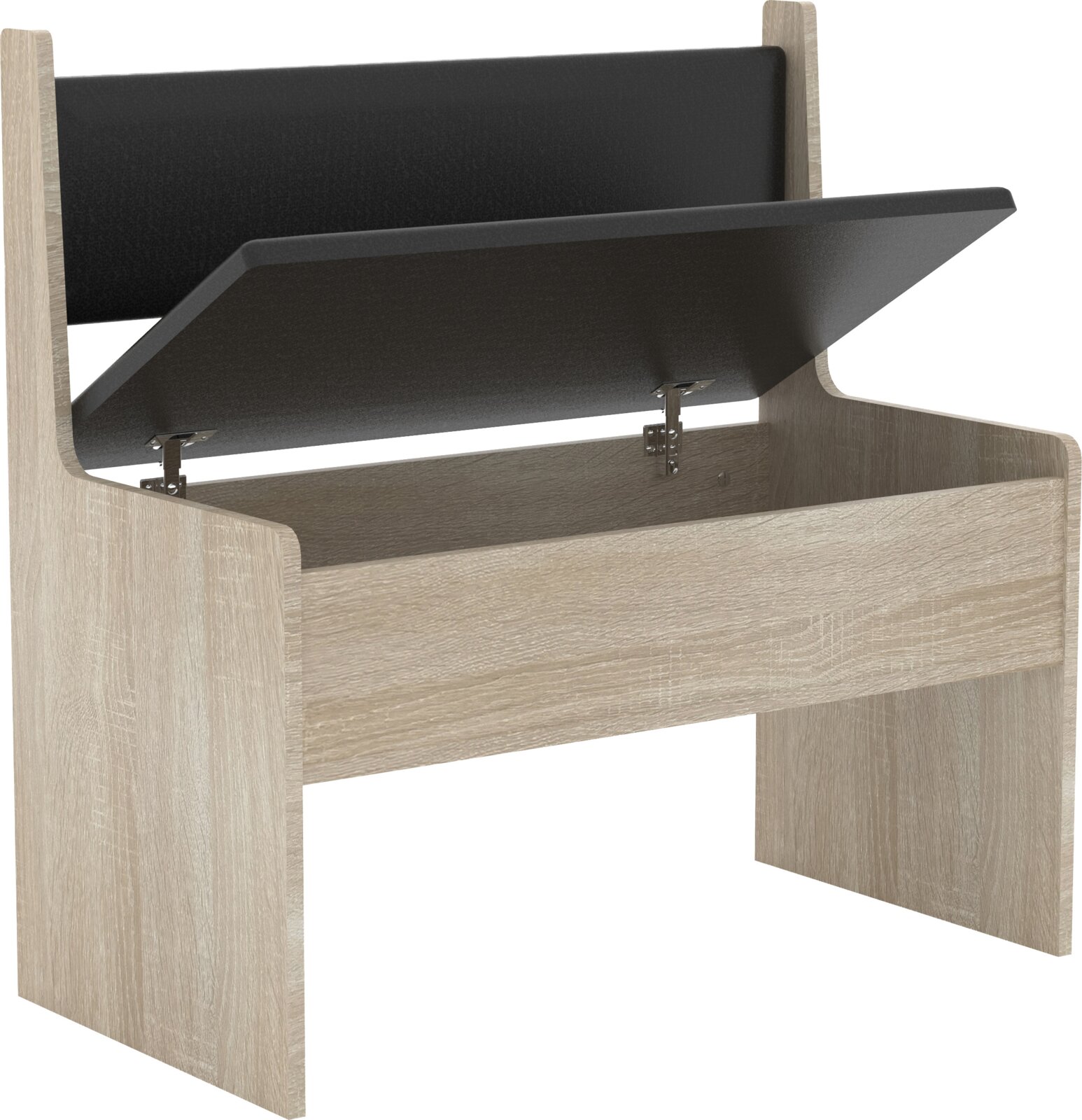 Holzbank mit hochklappbarem Sitz und Stauraumfach, schwarze Polsterfläche, Ansicht schräg von vorne