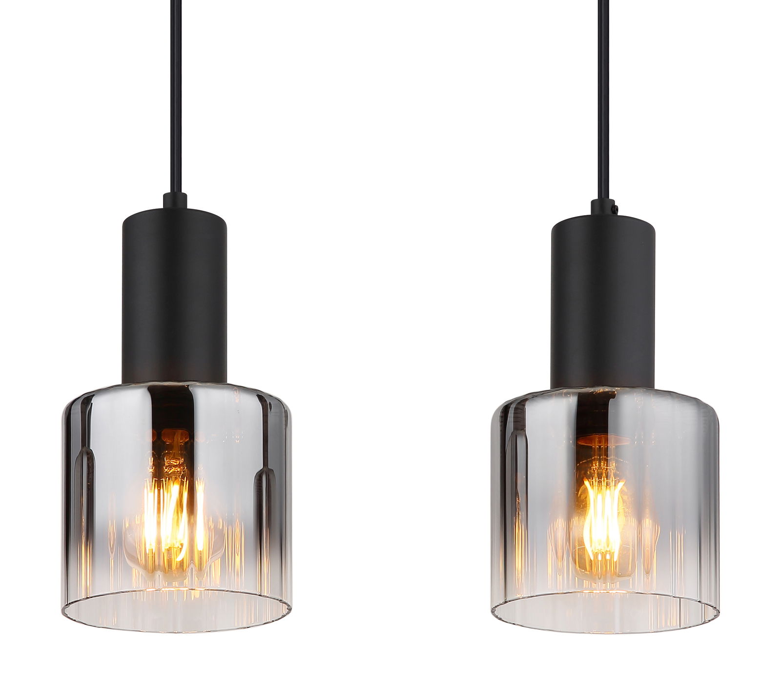 Moderne Hängeleuchte mit schwarzem Gehäuse und transparentem Glas, seitliche Perspektive