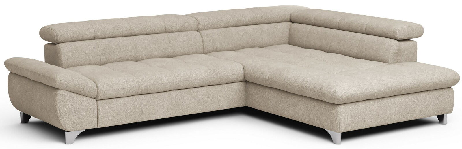 Beige Ecksofa mit verstellbaren Kopfstützen und modernen Metallfüßen, Perspektive von vorne links