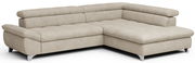 Beige Ecksofa mit verstellbaren Kopfstützen und modernen Metallfüßen, Perspektive von vorne links